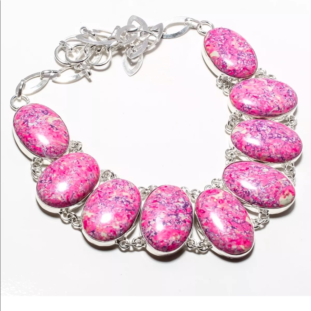 Pink Mosaic Jasper Gemstone Silver Necklace